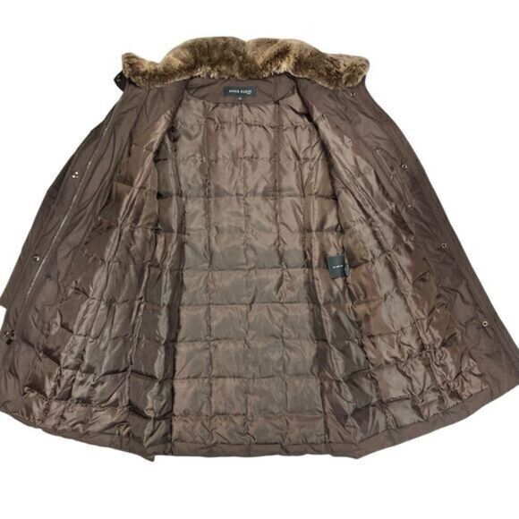 Anne Klein Rabbit Fur Trimmed Coat Sz M Brown Down Filled Belted Classic Jacket - Picture 12 of 16